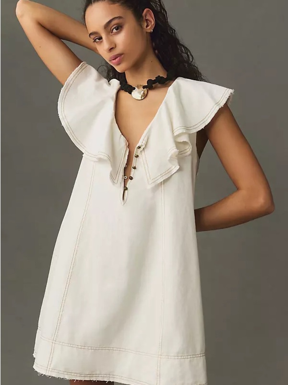 Pilcro Cream Ruffle V-Neck Midi Dress